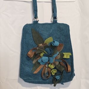 Wool Felt Floral Embellished Blue Tote Bag